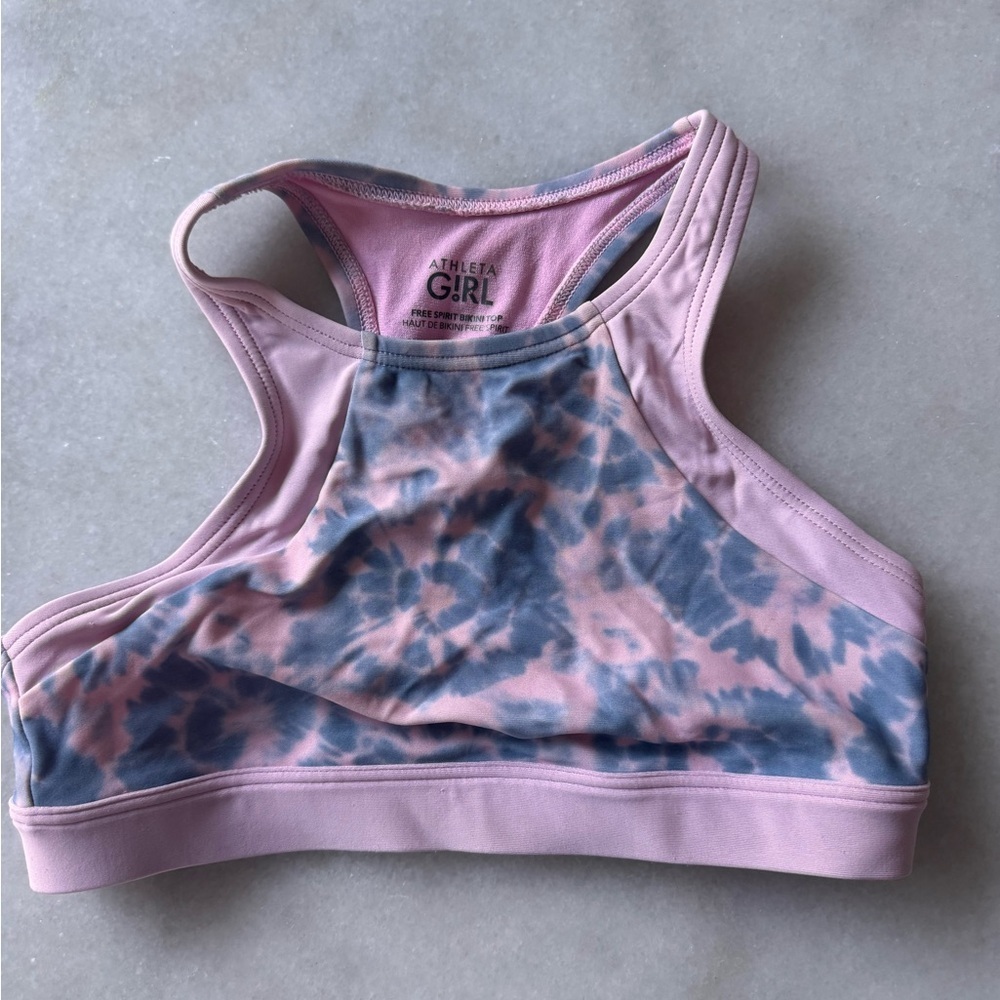 Athleta Girls High-Neck Tie-Dye Sports Bra in Pink and Gray